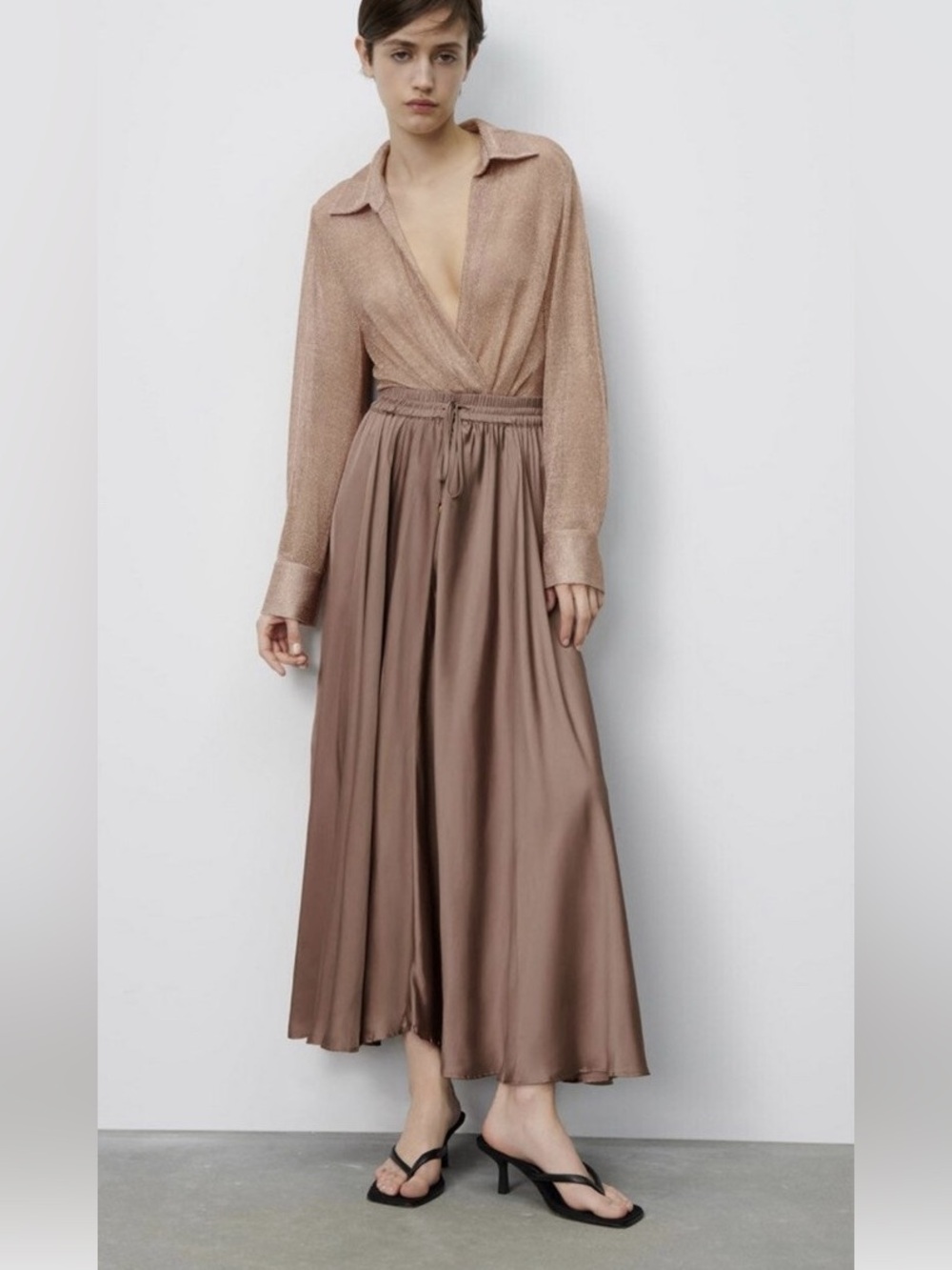 Zara silky satin wrinkle effect flowy voluminous long midi skirt with ties sz.